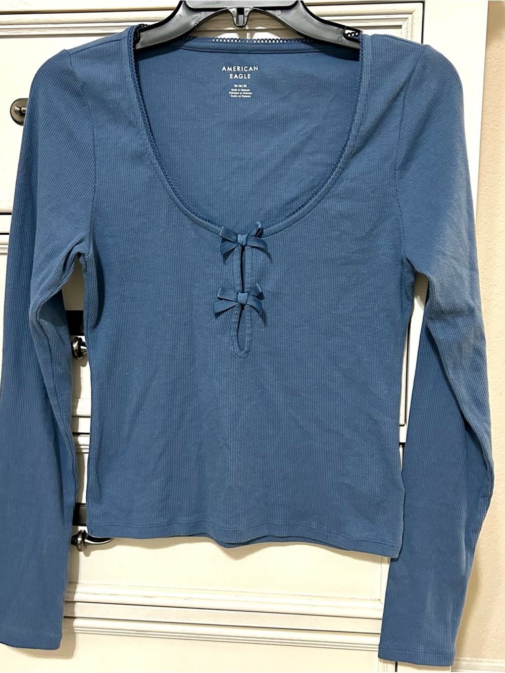 American Eagle Blue Ribbed Long-Sleeve Top with Front Bow Detail